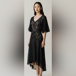 TAYLOR Dress Boho Black Lace Midi High Low Empire Waist